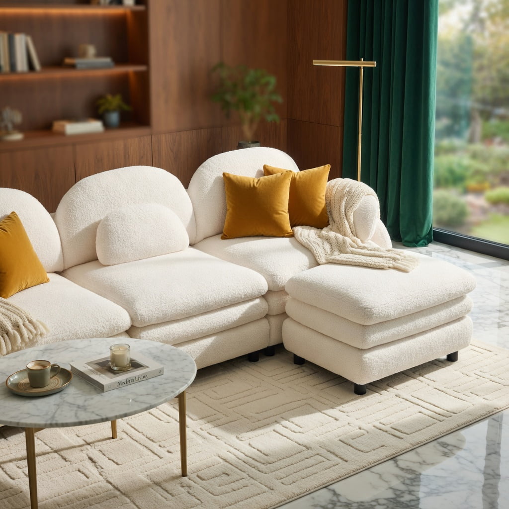 Hommoo Teddy Fleece 3-Seat Modular Sectional Sofa with Curved Backrest, Movable Ottoman & Double-Layer Cloud-Like Cushions, Beige