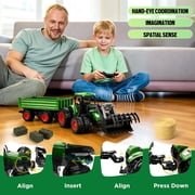 Remote Control Tractor Toy with Trailer, 2.4GHz 1:24 RC Farm Truck, Metal Hood, Front Loader, 8 Rubber Tires, Hay Bale & Animal Figures, Gifts for Kids Ages 3+
