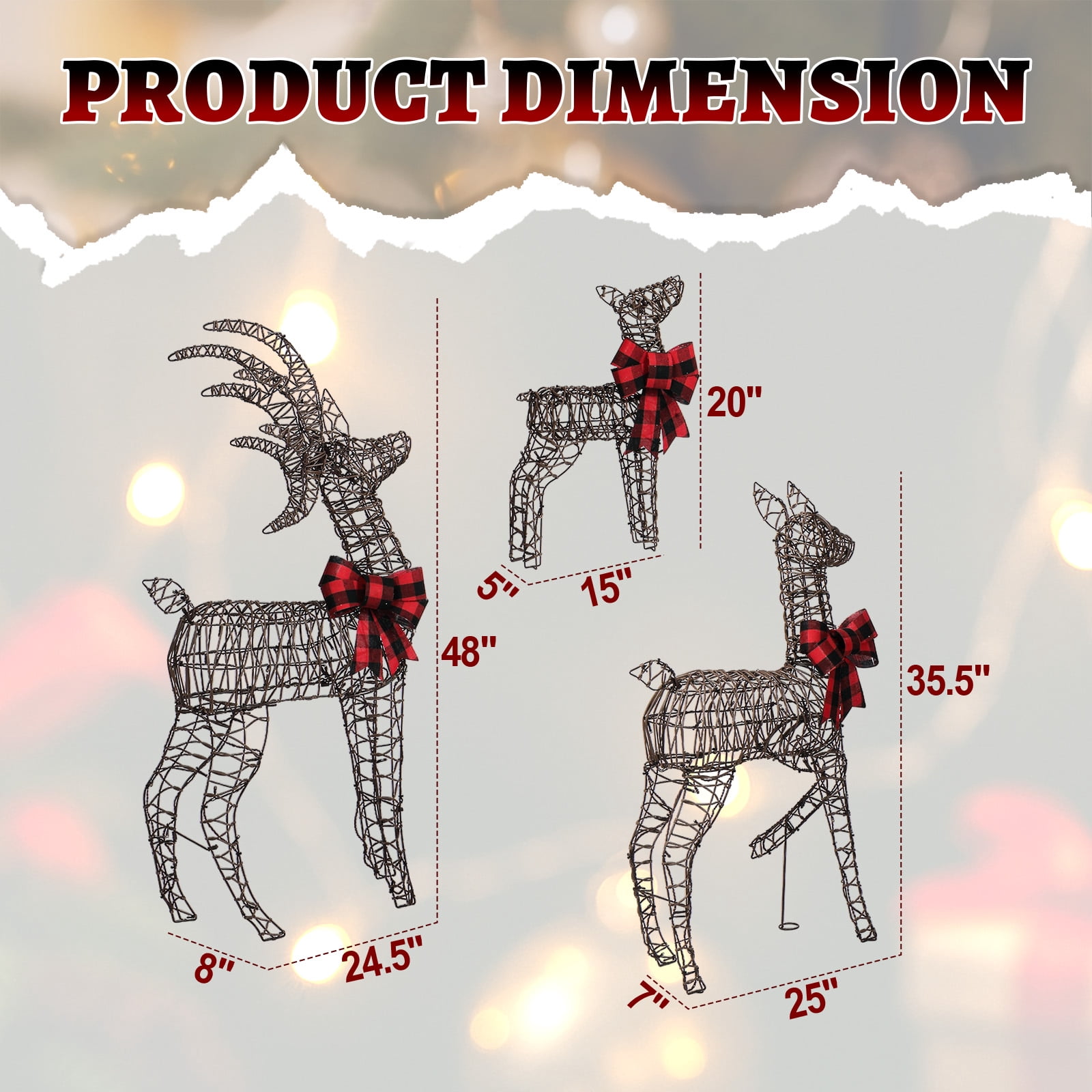 3pcs 4FT 30.00V 3.60W Family Elk Brown Ratten Style Frame Courtyard Elk Decoration