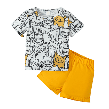 

Mikrdoo Infant Boys Outfits Cat Print 12 Months Baby Boys Summer Tops 18 Months Baby Boys Elastic Shorts 2Pcs Clothes Set Yellow