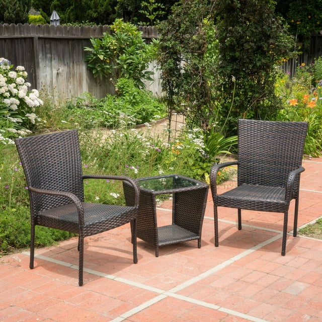 Aniela Outdoor Wicker and Glass 2 Seater Stacking Chair Chat Set
