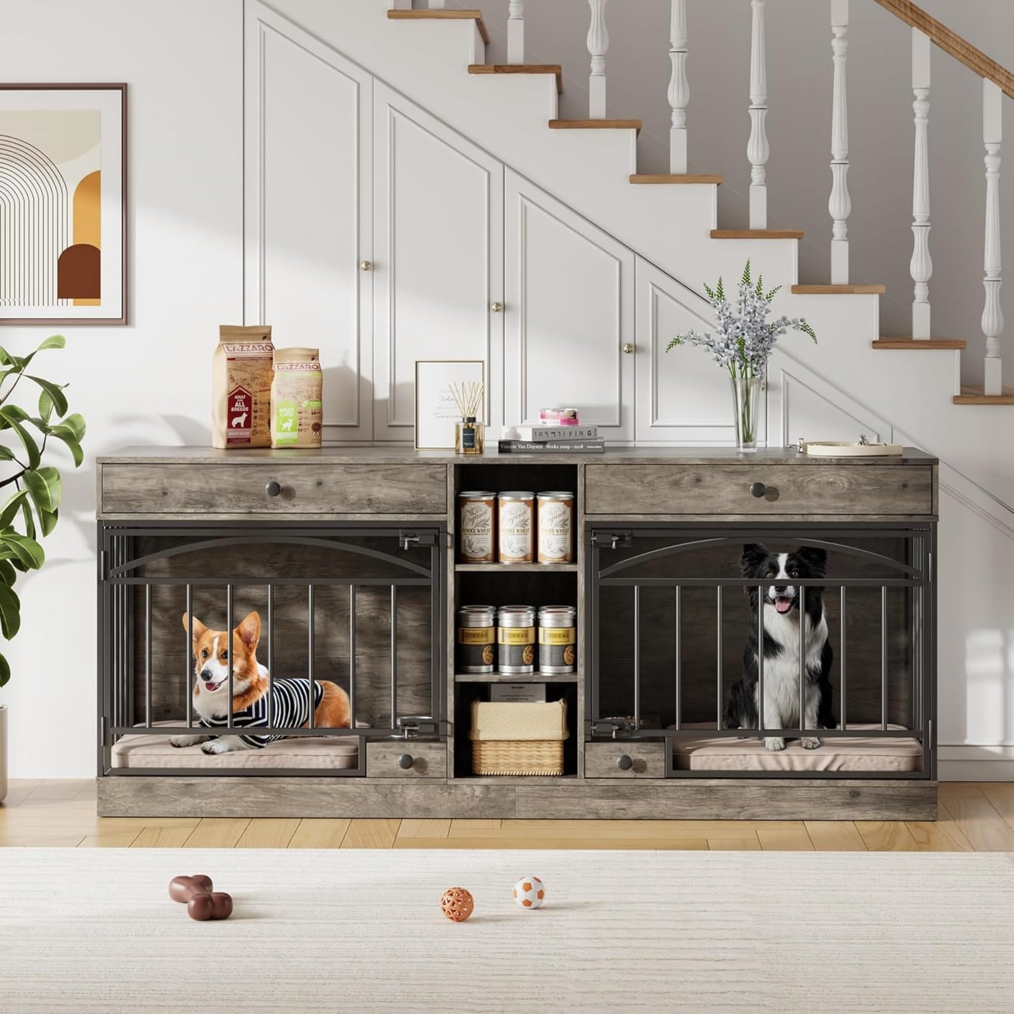 Accreate Dog Crate Furniture for 2 Dog, 78.7'' Large Dog Kennel Indoor with 2 Storage Drawers, 3 Shelves and Feeding Bowls, Double Dog Crate TV Stand for Small and Medium Dogs