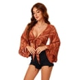 thumbnail image 2 of Women's Floral Print Boho Blouse - Deep V-Neck, Ruffled Crop Top with Bow Tie & Bell Sleeves, 2 of 7