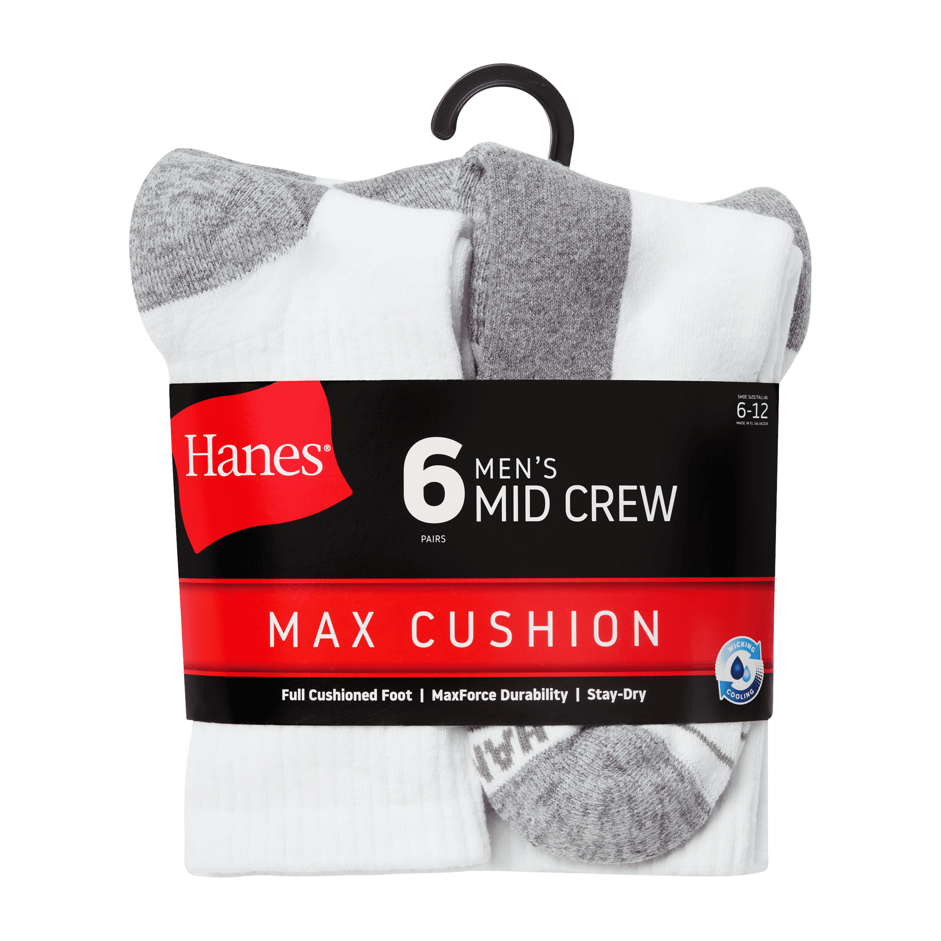 Hanes Mens Mid-Crew Socks, Max Cushion, Cool Comfort, 6-Pack, Size 6-12