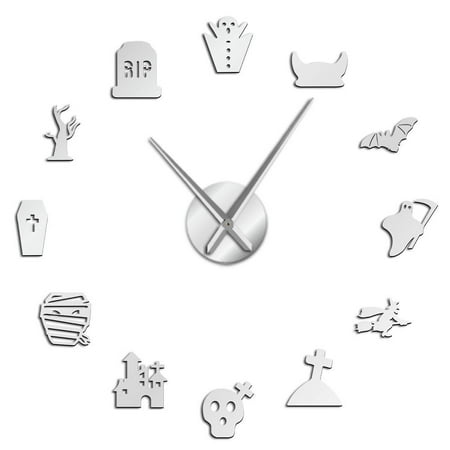 Thriller Theme Halloween Party Silouette Frameless Wall Clock Stickers, DIY Modern Decorative Clocks for Living Room, Bedroom, Office - Easy to Install, Large 3D Clock Design (Silver,37in)
