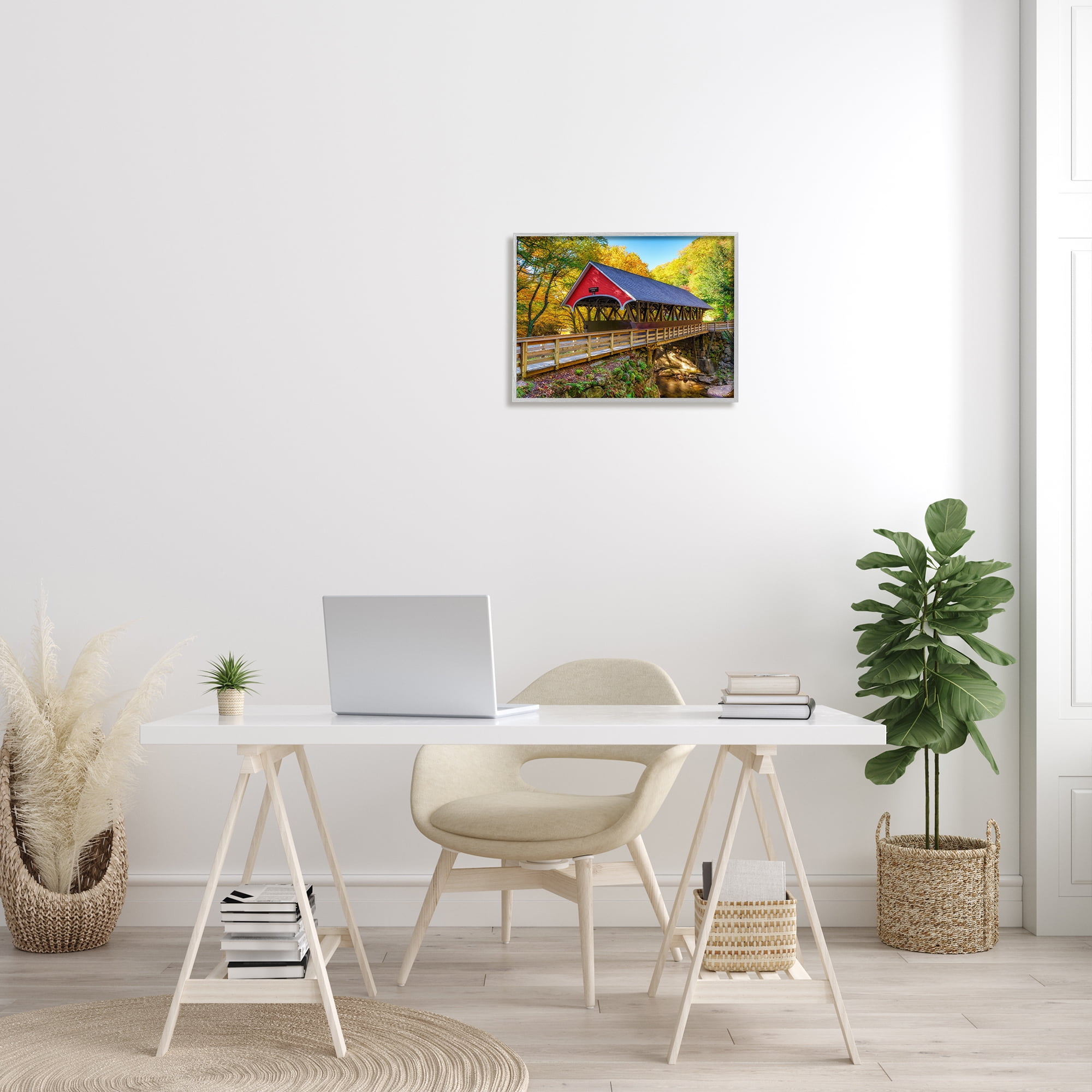 Stupell Red Covered Bridge Woodland Creek Landscape Photography Gray Framed Art Print Wall Art