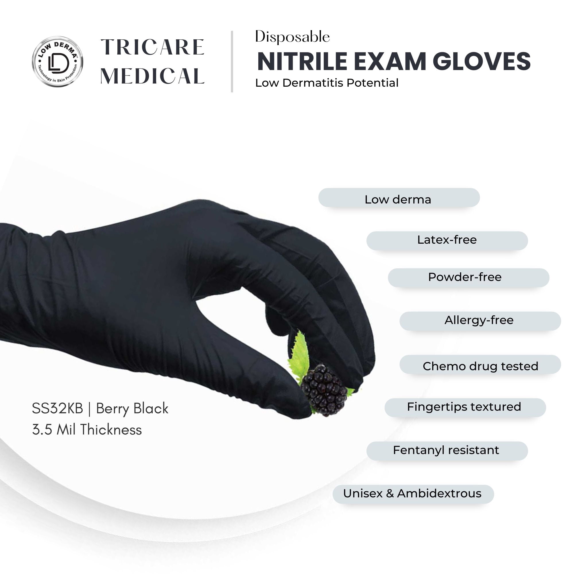 TRICARE Medical Nitrile Exam Gloves, x-Large, Case of 1000, Berry Black, Medical Grade, 3.5 Mil