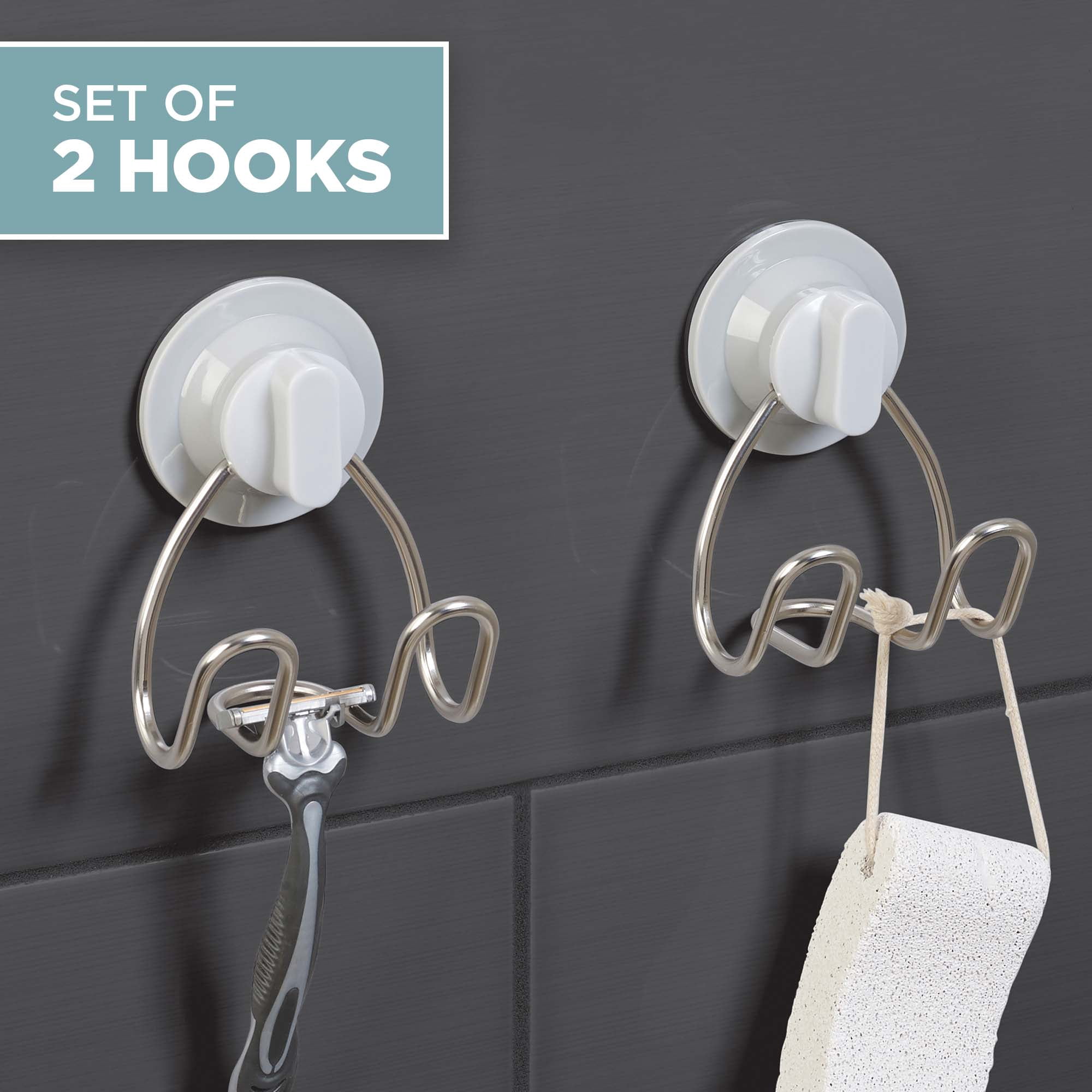 Zenna Home Rustproof Shower Storage Hooks, Set of 2, Adhesive or Suction Mount, Stainless Steel