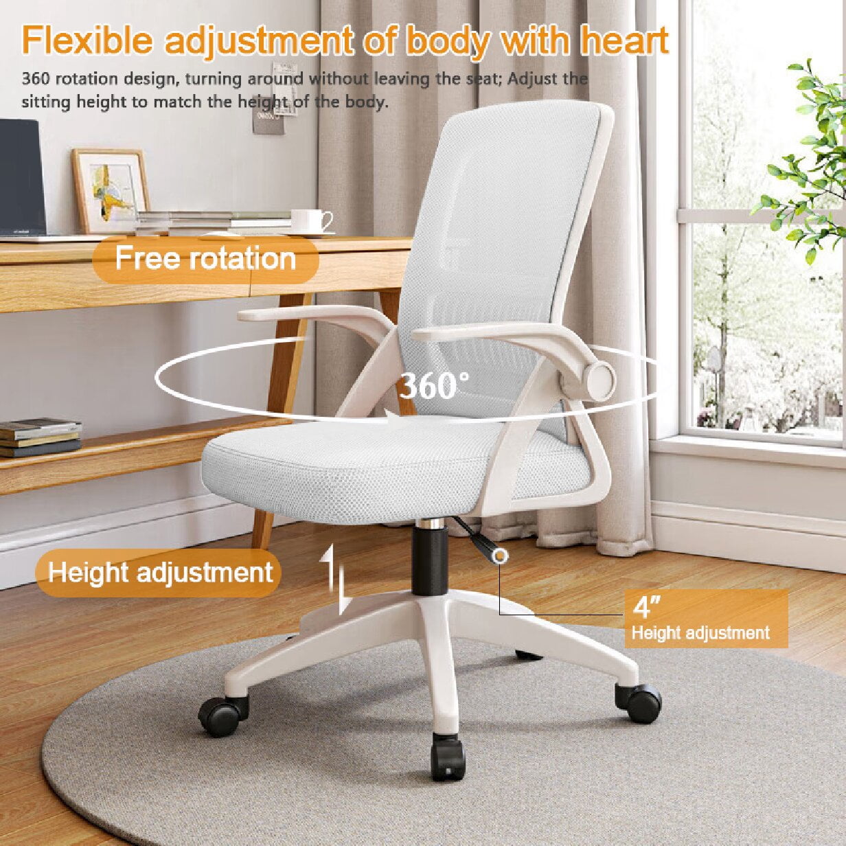 XUEGW Ergonomic Mesh High-Back Home Office Chair, Adjustable Height Swivel Flip-Up Arms Lumbar Support.