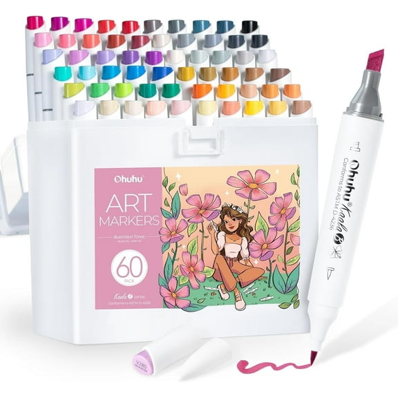 Ohuhu 60 Alcohol Markers, Mini Brush & Slim Broad Dual Tip, Refillable Kaala B Set for Illustration