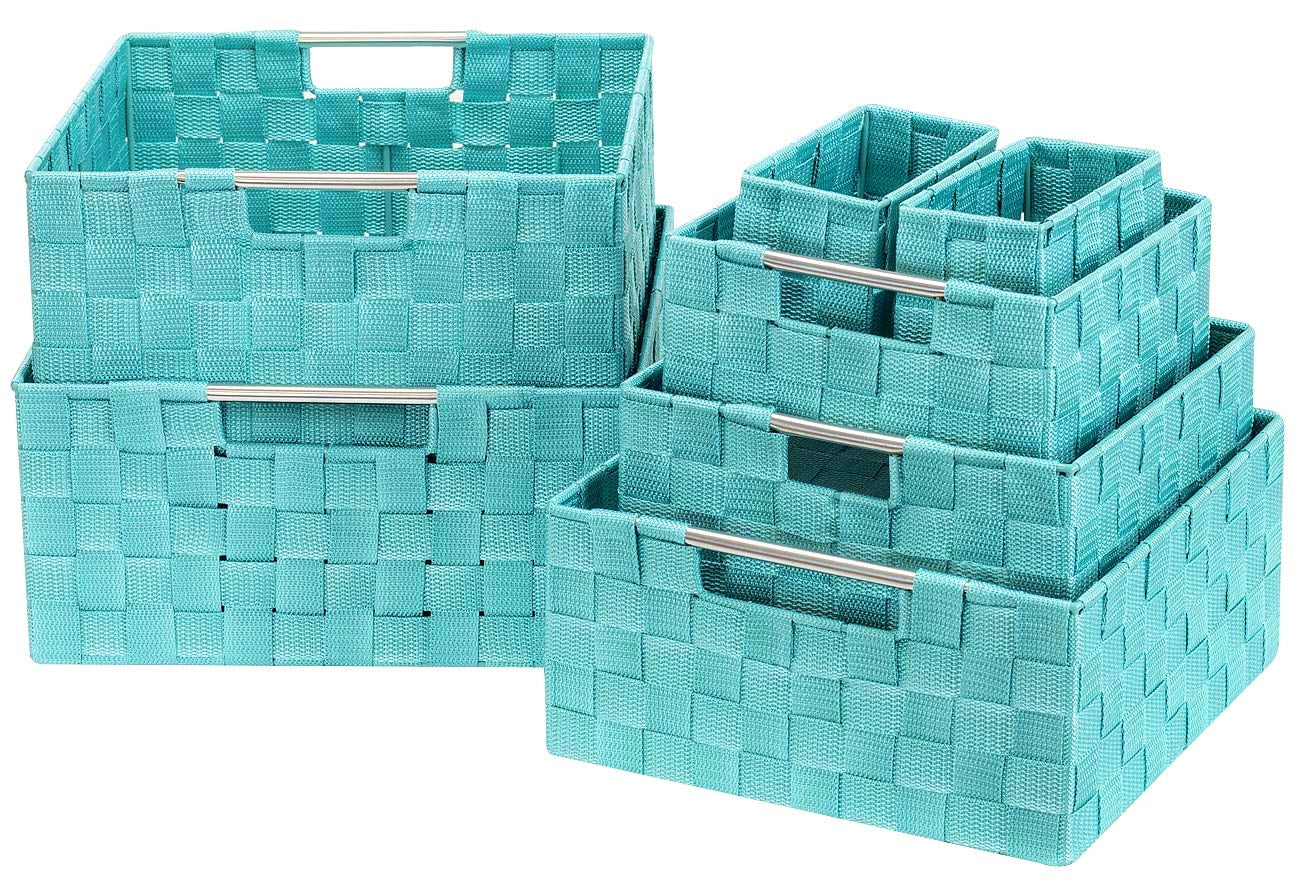 Gray , Sorbus Box Bin Container Tote Cube Set Stackable Storage Basket Woven Strap Shelf Organizer Built-in Carry Handles