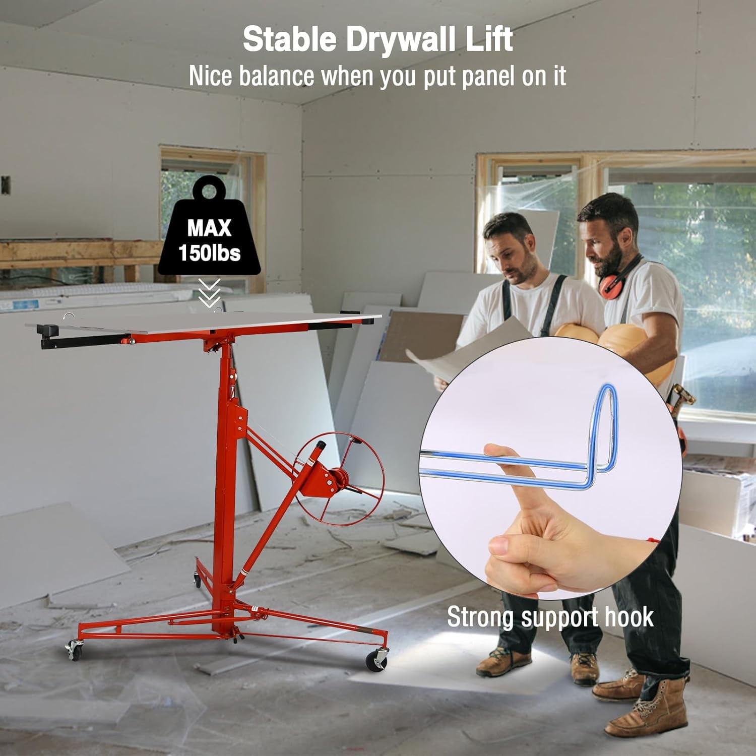 Drywall Lift 11FT, Drywall Lifter Panel Jack, 150LBS Heavy Duty Sheetrock Hoist with 360° Adjustable Telescopic Arm & Wheels (Red)