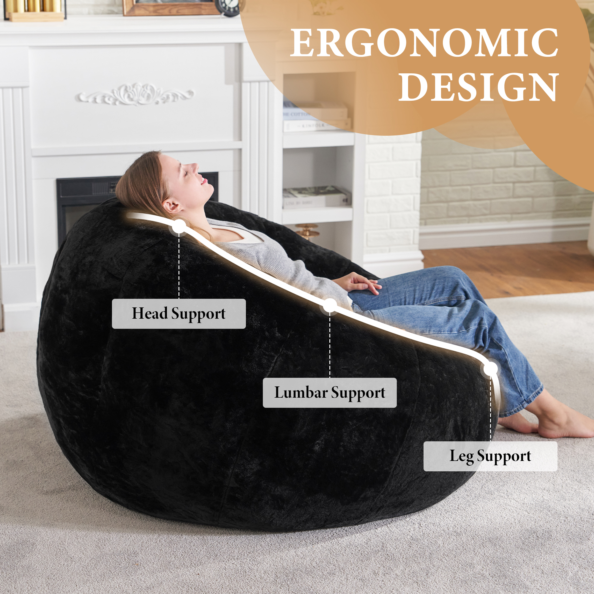 Hobestluk Bean Bag Chairs Large Bean Bag Couch for Adults Stuffed Sofa Chair Comfy Giant Bean Bag Chair with Spacious Design for Reading, Playing or Relaxing (Black)