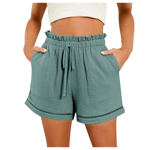 Pantalones cortos de playa de cintura alta y pierna ancha para mujer - Color liso, corte holgado con bolsillos