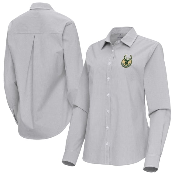 Women's Antigua Gray Milwaukee Bucks Porter Woven Long Sleeve Button-Up Shirt