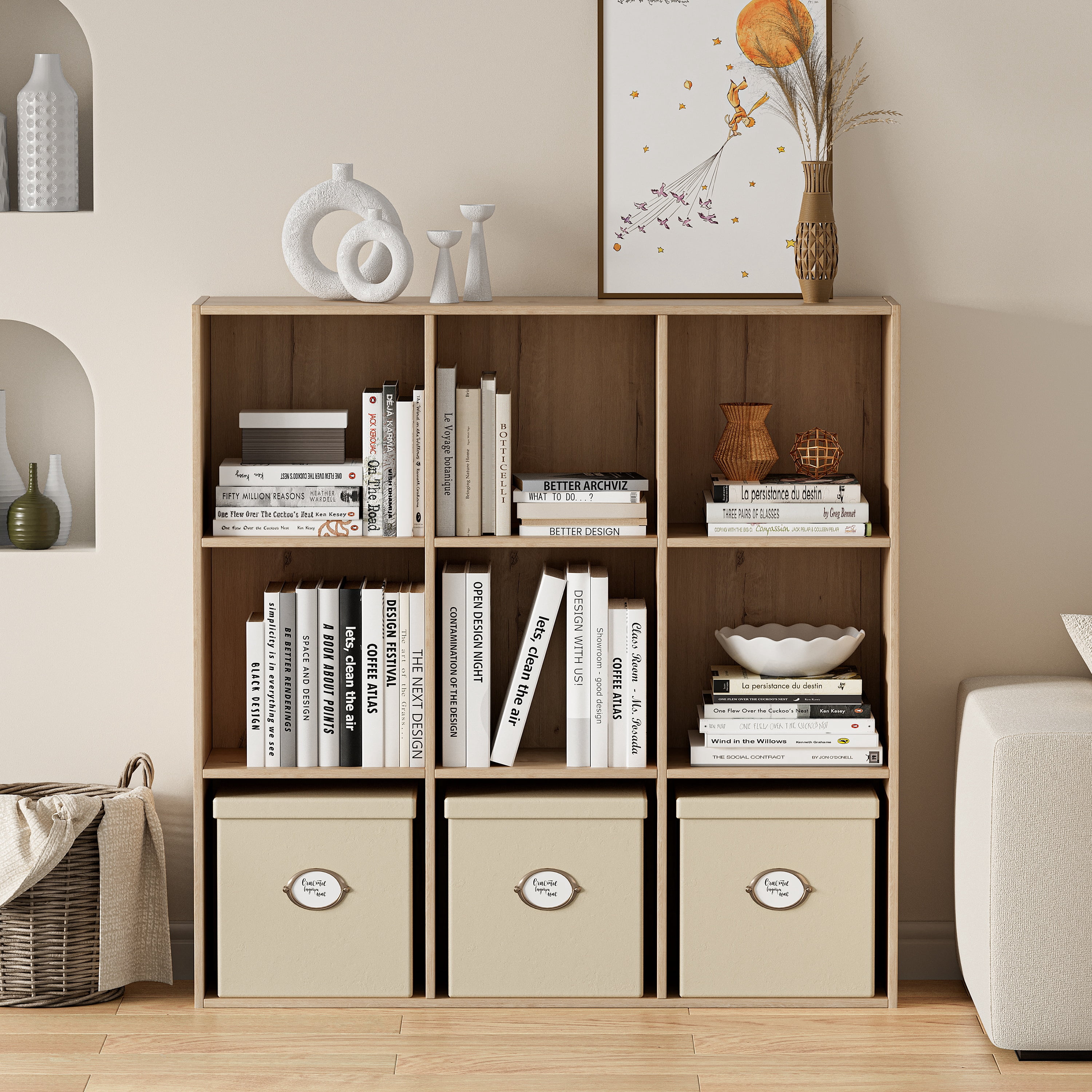 Anhdah 9 Cube Storage Organizer, Cube Bookcase Closed Back Panel Bedroom, Living Room, Home Office, Closet Bookshelves White Oak