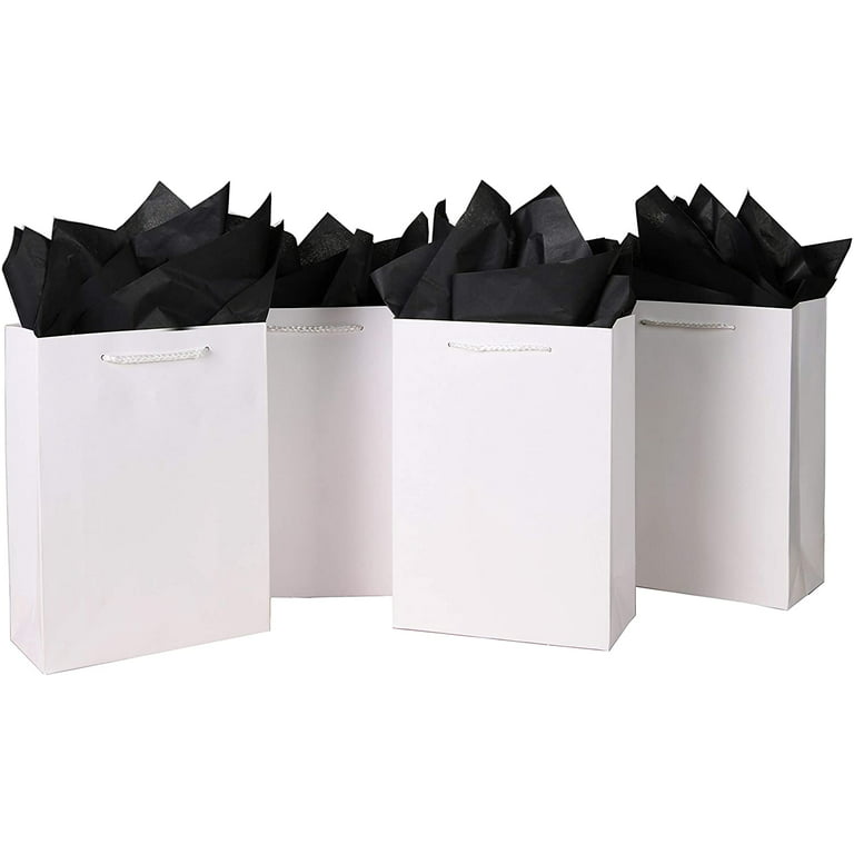 10 Pcs White Gift Bags (8x4x11) Gift Bags with Black Tissue Paper