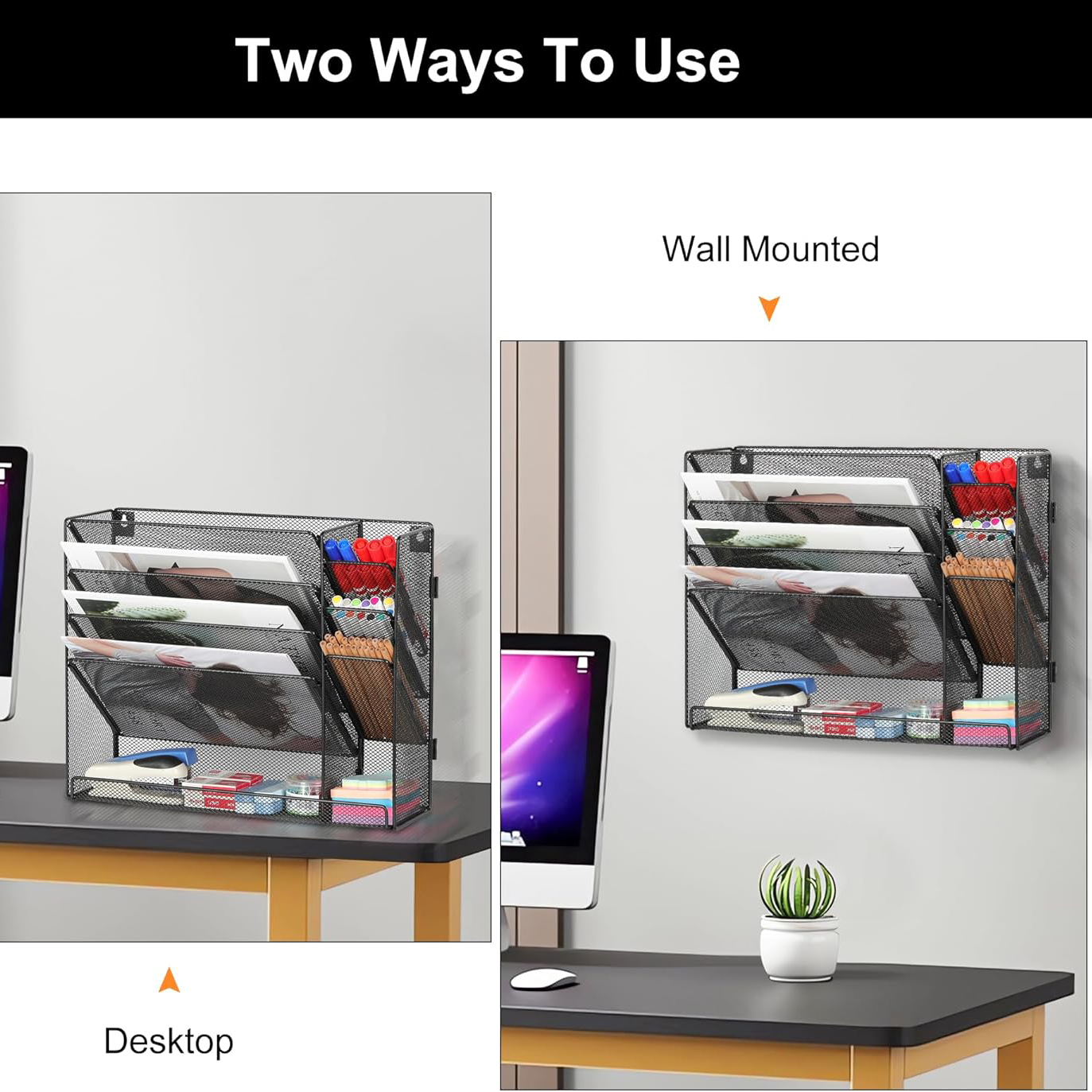 EasyPAG 2-in-1 Mesh Desk Organiser - Wall Mounted & Desktop File Holder, Multi-Purpose Storage for Office, Classroom, Art Room (16.46×4.72×13in)