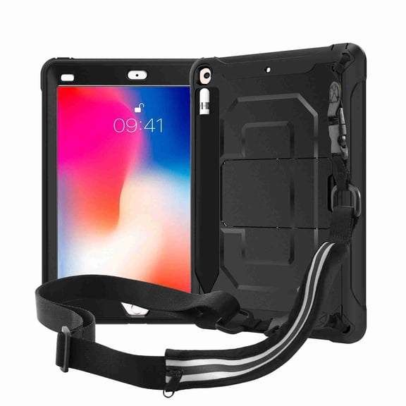 For iPad 9.7 5th 2017 (A1822 A1823) / 6th Gen 2018 (A1893 A1954),Dteck 3-Layer Shockproof Cover Pencel Holder Shoulder Strap Expandable Pouch Hybrid Kickstand Case Without Built-in Protector,Black