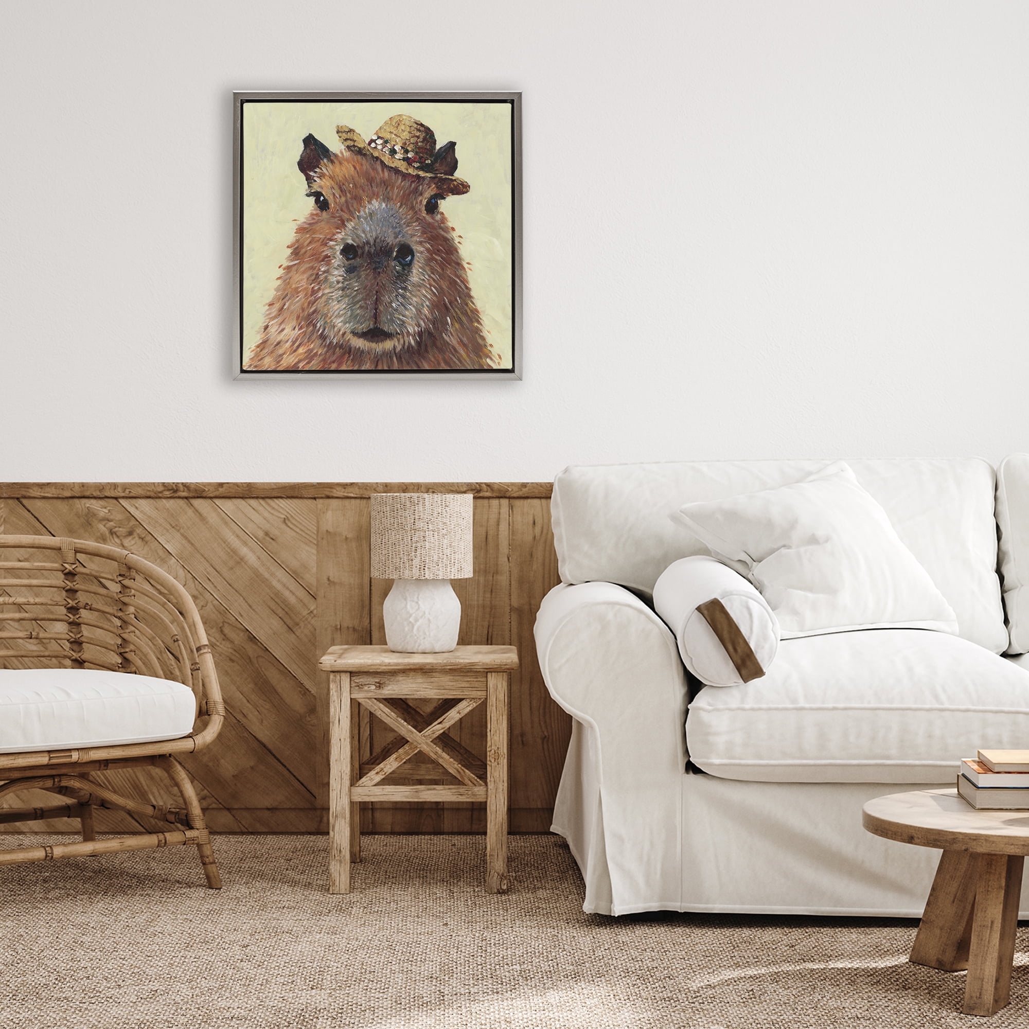 Stupell Industries Capybara with Straw Hat Gray Framed Floater Canvas Wall Art, design by Studio Bautista