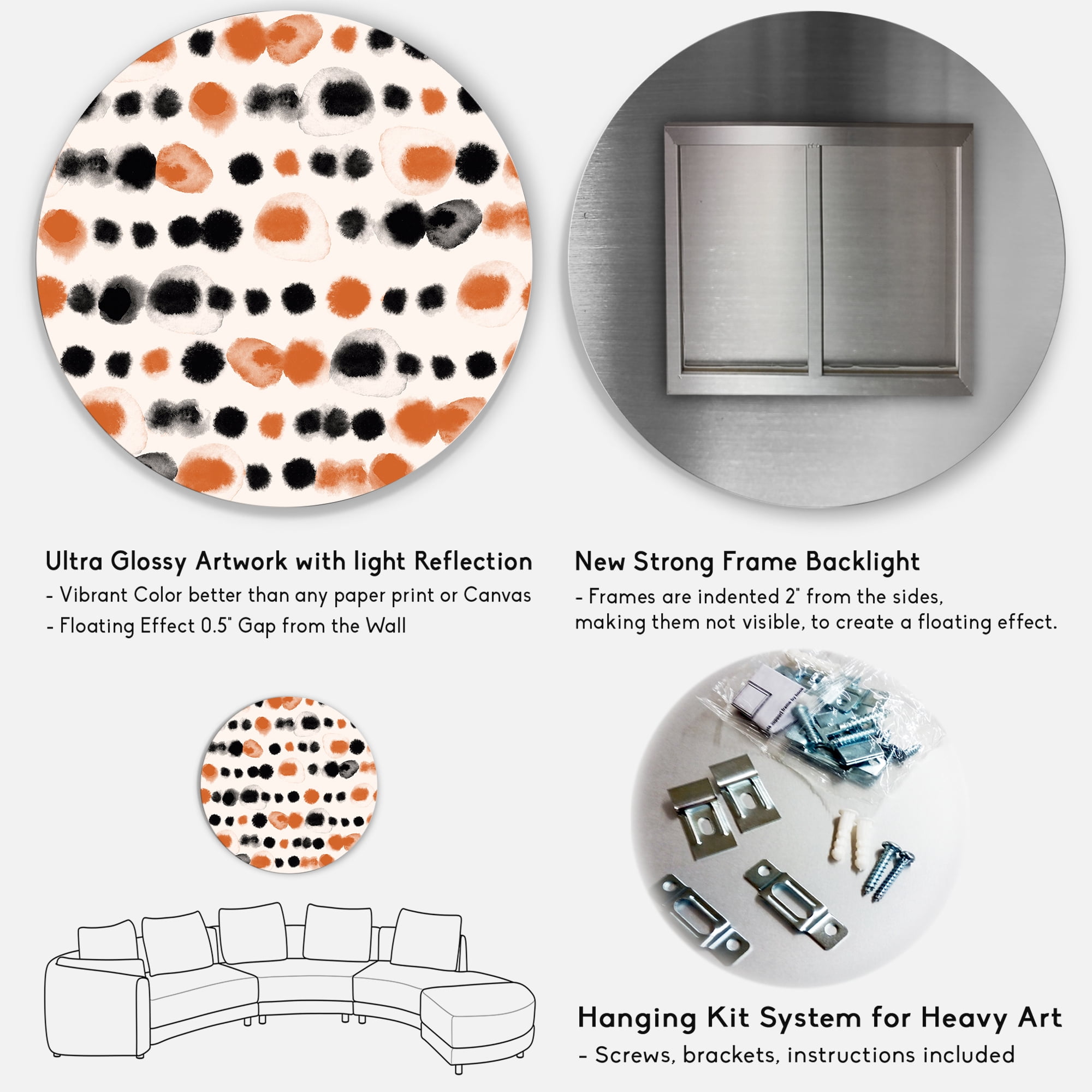 Designart 'Orange and Black Polka Dots' Modern Circle Metal Wall Art 29x29 - Disc of 29