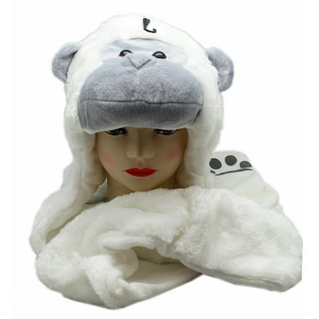White and Gray Snow Monkey Plush Hat w/Hanging Arm Mittens