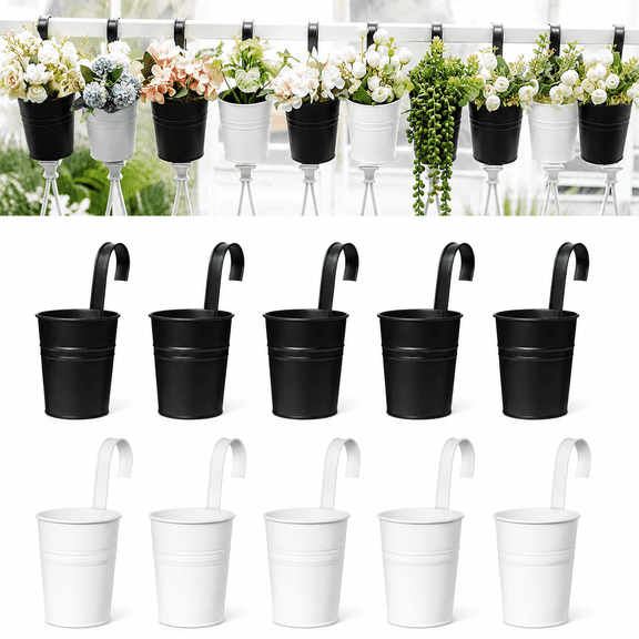 10 Pcs Small Hanging Pots, Metal Hanging Flower Pots with Detachable Hooks, Drainage Hole Fence Hanging Planters, Black Balcony Railing Hanging Planters for Home Garden Decor