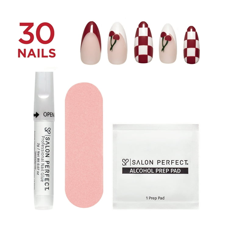Salon Perfect Artificial Fake Press Ons, 360 Modern Nostalgia, Cherry Checkers, Medium Almond, File, Glue and Prep Pad Included, 30 Nails