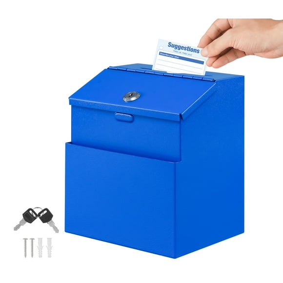 KYODOLED Boîte à Suggestions avec Serrure et 50 Cartes de Suggestions Gratuites, Boîte de Vote Murale en Métal, Boîte de Dépôt de Clés avec Fente et 2 Clés, 8.5H x 5.9W x 7.3L Pouces, Bleu