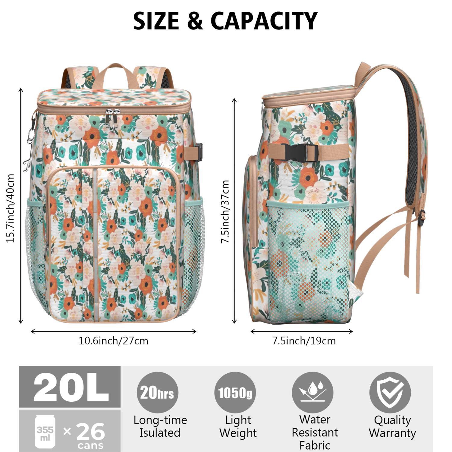 Travel Cooler Bag - Pioneer Flower Floral Print Pattern Camping Beer Cooler Backpack with Bottle Opener- Waterproof Insulated Picnic Backpacks - Cooler Bag for Beach