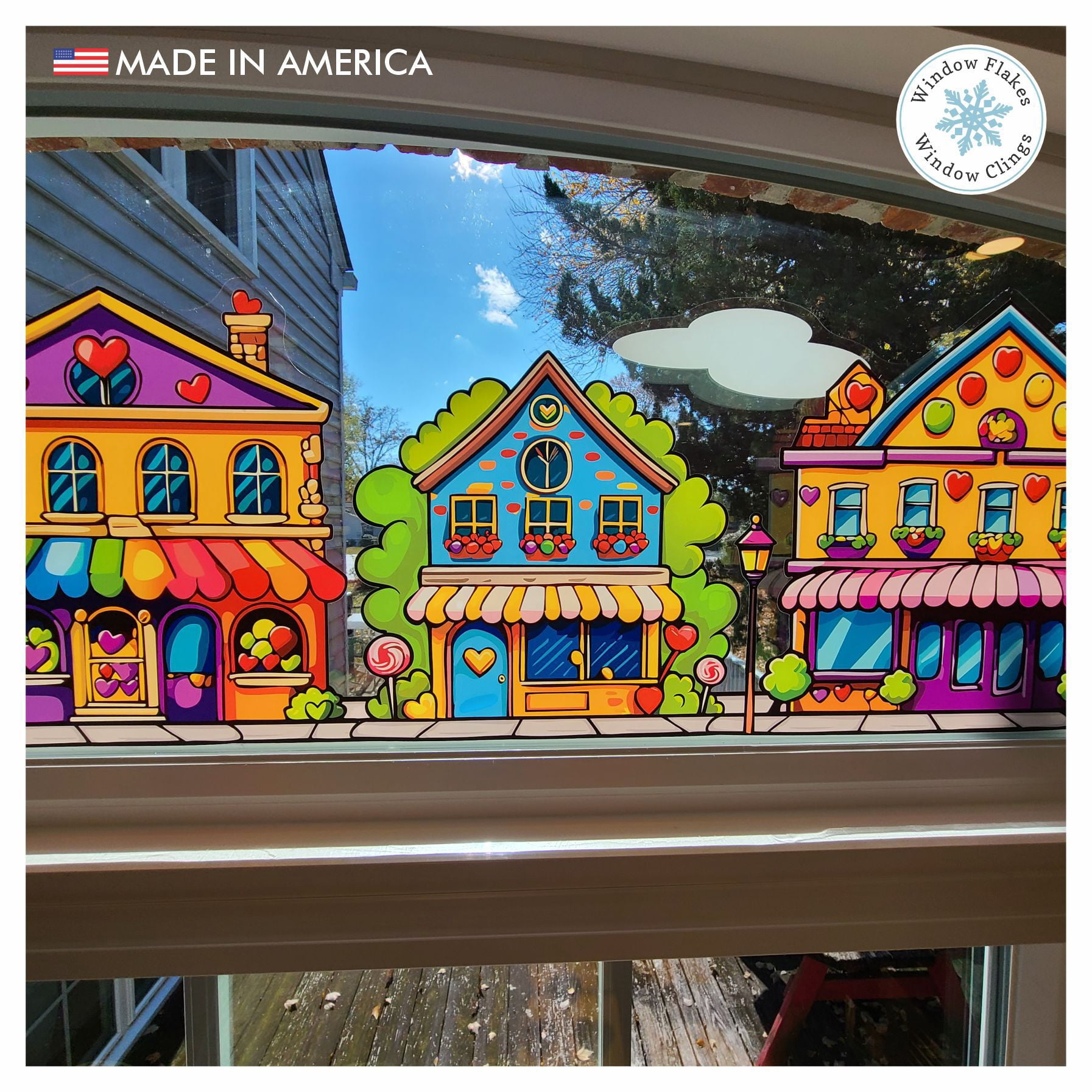 46" Valentine Street Scene Border Window Cling Decal. Part of the Rainbow Colors Candyland Bubblegum Collection. Made in America.