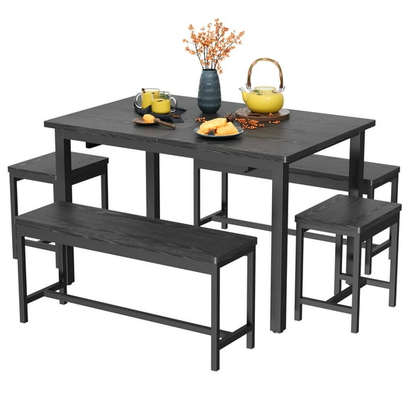 Ataucjin 5-Piece Extendable Dining Table Set for 4-8 People,63" Extendable Kitchen Table with 2 Benches & 2 Square Stools,Space Saving Mid-Century Modern Wooden Dining Room Table,Easy Assembly