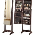 thumbnail image 4 of Mirrored Jewelry Cabinet Armoire Freestanding Lockable Storage Box Organizer Unit with 2 Plastic Cosmetic Storage Full-Length Frameless Mirror for Necklace Earring Brown, 4 of 9