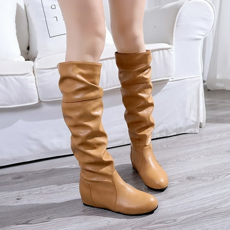 

Christmas Retro Women Solid Color Non Slip Low Heeled Slip On Mid Calf Boots Round Toe Shoes