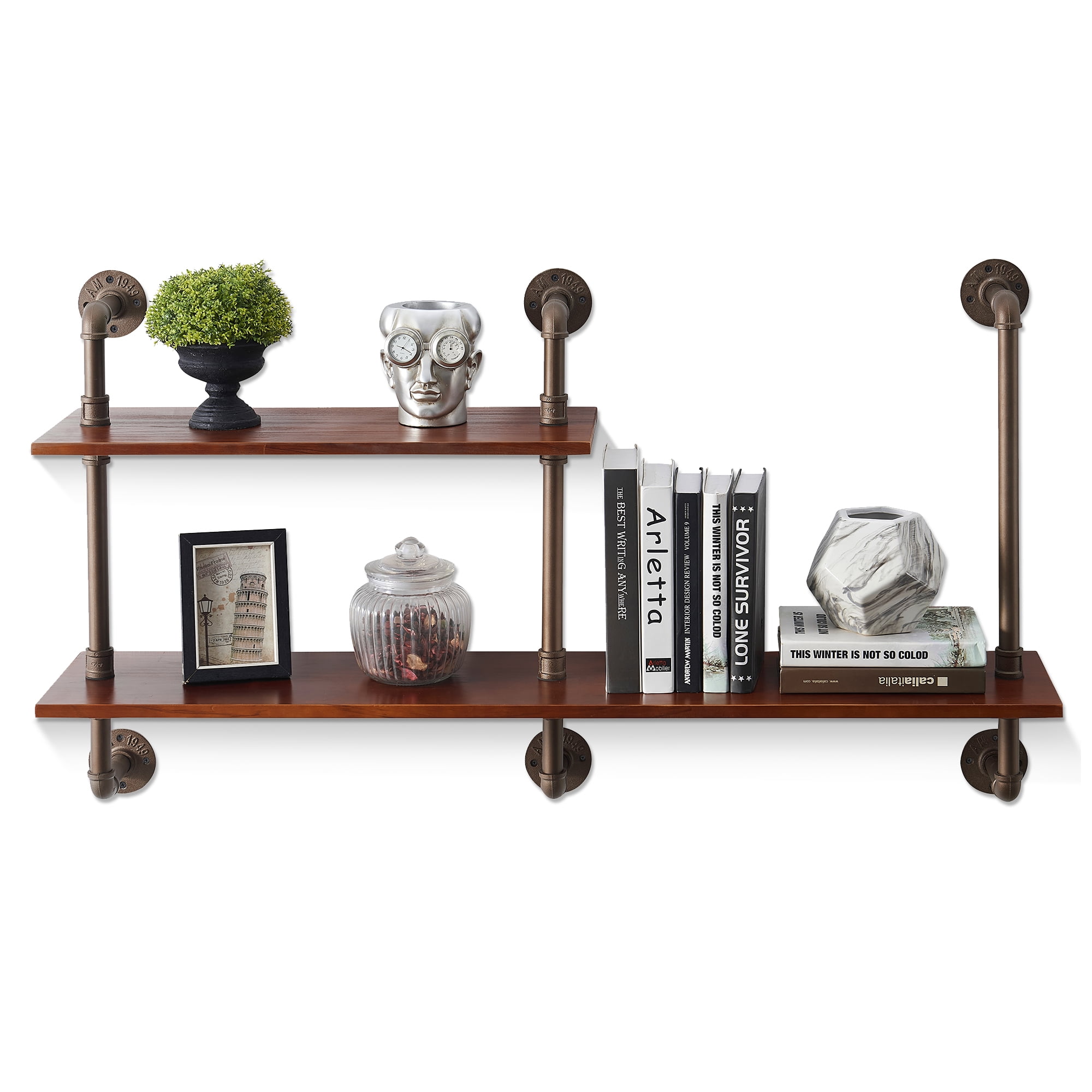 Ivinta 2 Tier Shelf Industrial Pipe, Bookcase Thick Shelves