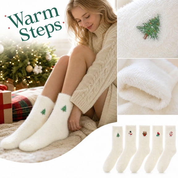 Wutalume Women's Christmas Mid-Calf Floor Socks - Thick Warm Lined Socks for Indoor Winter, Cozy House Socks with Non-Slip Grip