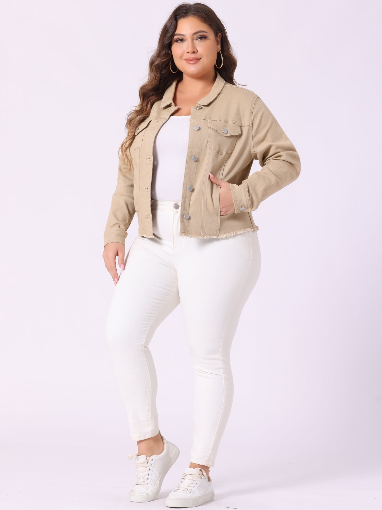 DARING DIVA Women's Plus Size Washed Front Frayed Classic Denim Jacket 1X Khaki