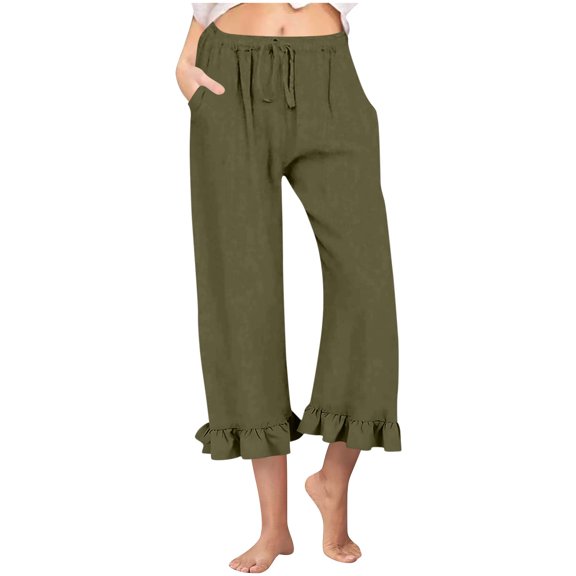 ShiShine Women's Wide Leg Pants Drawstring Elastic High Waisted Ruffle Hem Pants with Pockets