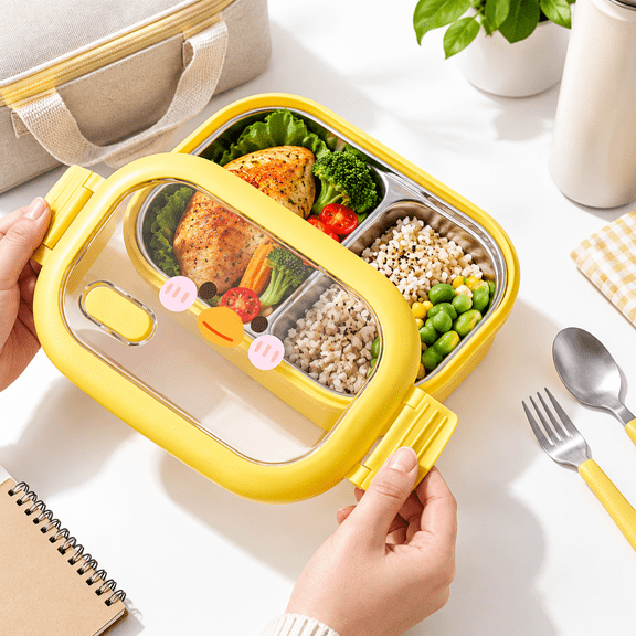 Stainless Steel Lunch Box with 2 Compartments, Insulated Food Storage Container for Hot and Cold Meals, Leak-Proof Design, Ideal for Work School or Picnic Yellow