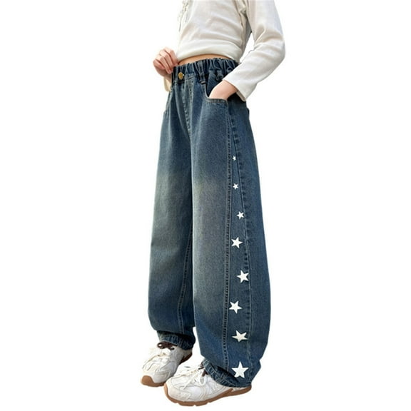 Bysome Toddler Girls Pants Star Print Loose Fit With Pockets Jeans Elastic Waist Comfort Fall Pants Size 4-5 Years