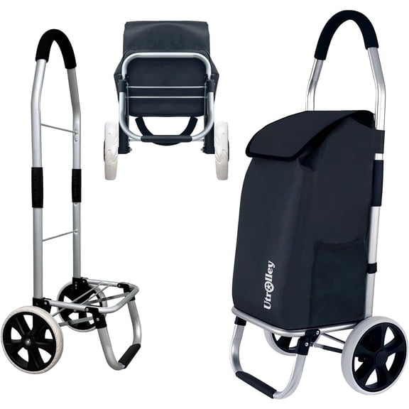 UTROLLEY Ultra Lightweight Foldable Shopping Cart for Groceries, Large 40L Capacity Groceries Cart on Soft Rolling Wheels, Removable Bag, Multi-Use Personal Hand Truck, Black