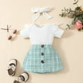 thumbnail image 2 of LAPAKIDS Newborn Baby Girl Summer Clothes 3-6 Months Ruffled Short Sleeve Rompers Tops Plaid Button Skirt Headhand 3Pcs Outfits, 2 of 7