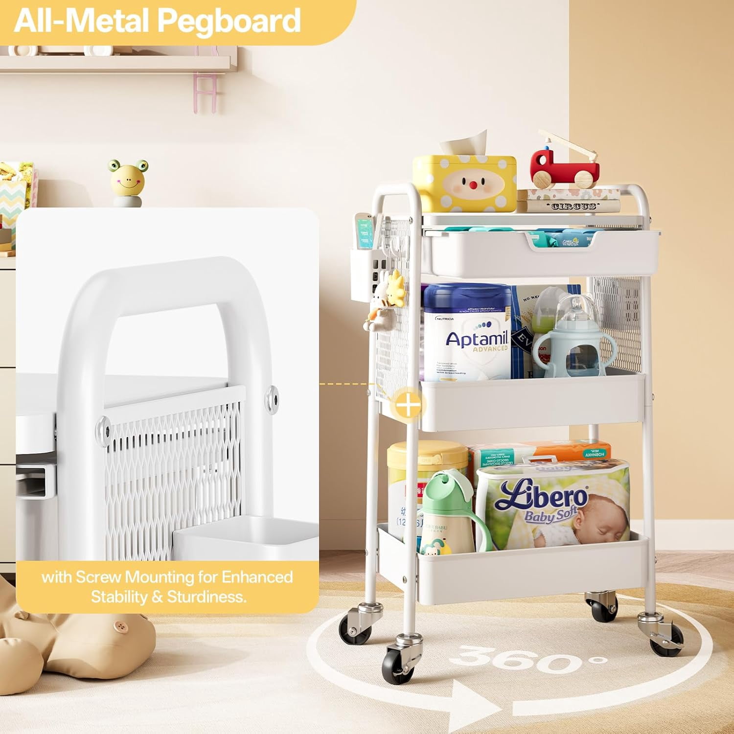3 Tier Metal Rolling Utility Cart with Drawer & Pegboard - Multifunctional Storage Cart on Wheels with Tabletop, Hooks & Basket, Sturdy Craft & Art Cart for Bathroom, Bedroom, Children Room