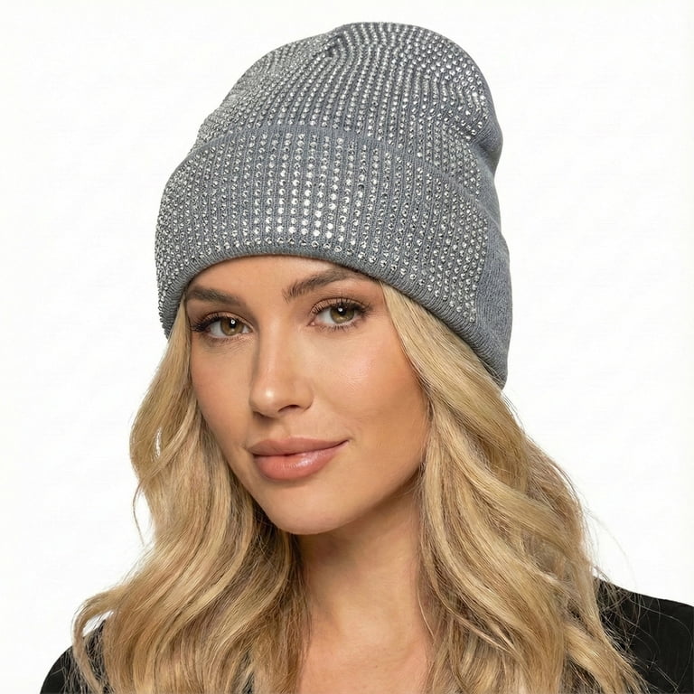 Bling Rhinestone Double Layer Knit Beanie Hats for Women 