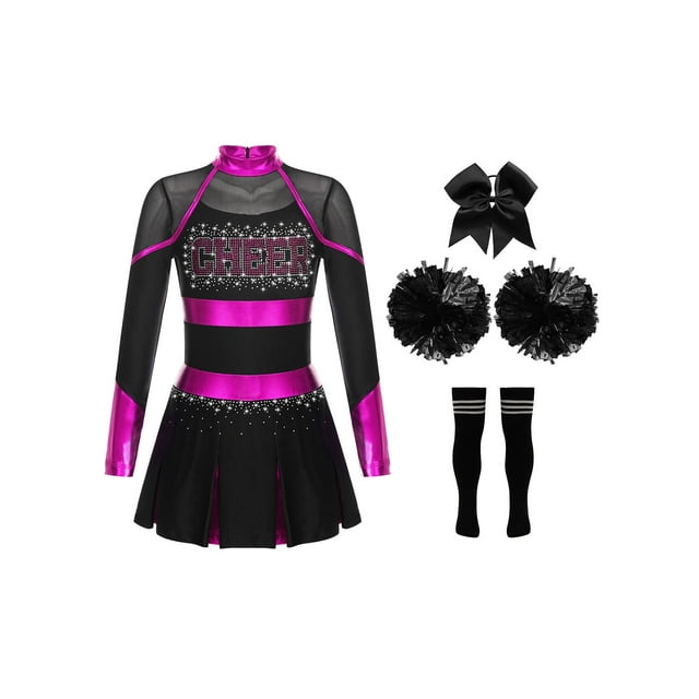 iefiel Robe d'Uniforme de Cheerleading à Manches Longues pour Filles Tenues de Danse avec Pompons Chaussettes Rose Vif&Noir 8
