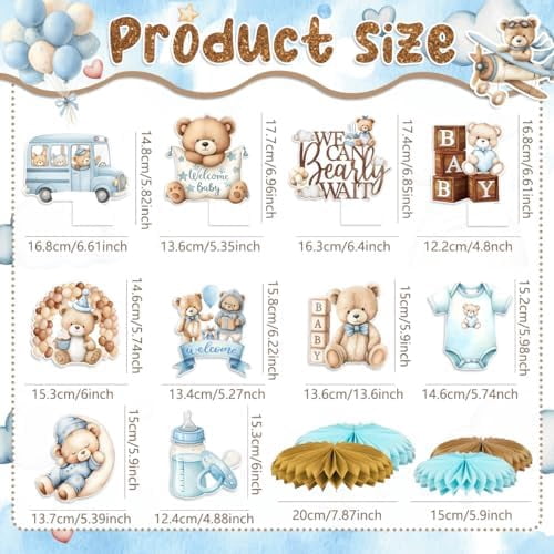 Blue Bear Baby Shower Decorations for Boy We Can Bearly Wait Baby Shower Plates and Napkins Tablecloth Banner Toppers Bracelets Sash Honeycombs Balloons for Boy Baby Shower Party Supplies Serve 26