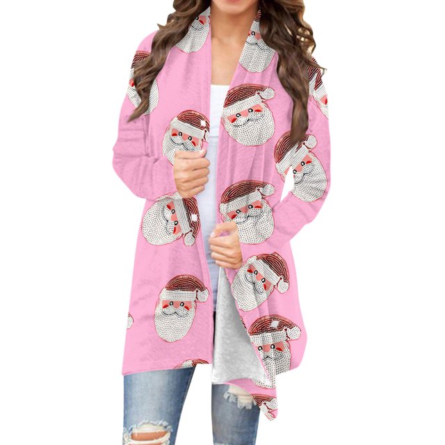 Cárdigan de manga larga con estampado navideño de moda para mujer, chaqueta de poliéster para mujer