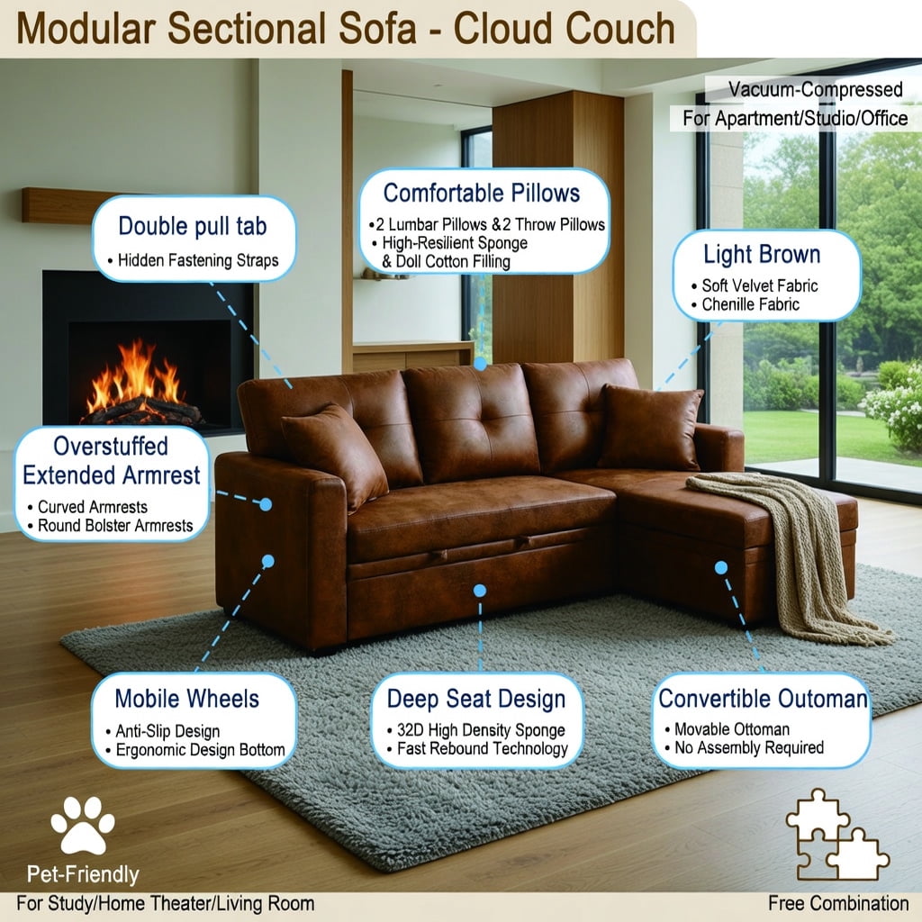 Hommoo Convertible Sectional Sleeper Sofa with Pull-Out Bed, Reversible Chaise & Hidden Storage, L-Shaped Modern Living Room Sofa Bed for Small Spaces, Light Brown