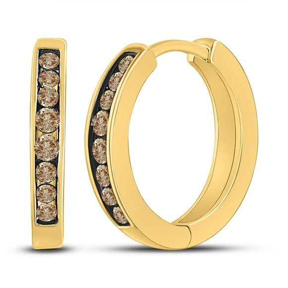 Boucles d'Oreilles Créoles pour Femme en Or Jaune 10 Kt avec Diamants Ronds Bruns 1/4 Cttw