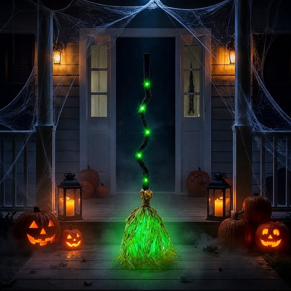 35" Animated Witch Broom Halloween Decoration with Sound & Green LED Lights, Touch & Sound Activated Walking Broomstick Prop for Indoor & Outdoor Porch Haunted House